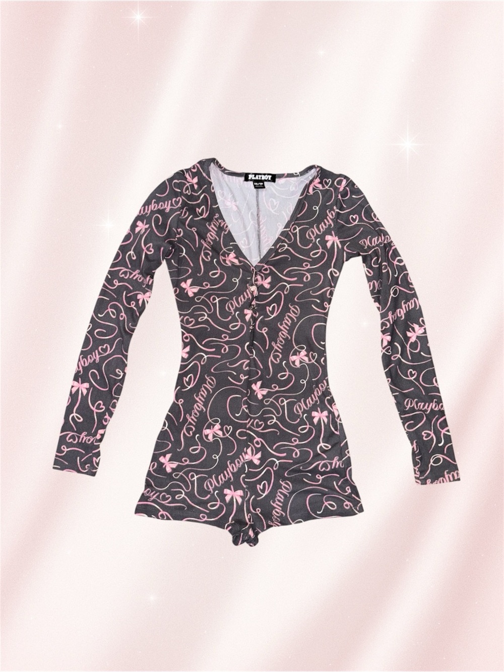 Playboy Pink & Grey Long Sleeve Graphic Fitted Romper